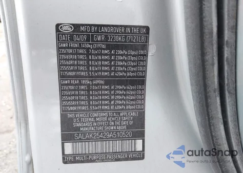 2009 Land Rover Lr3 from USA, damaged, VIN SALAK25429A510520